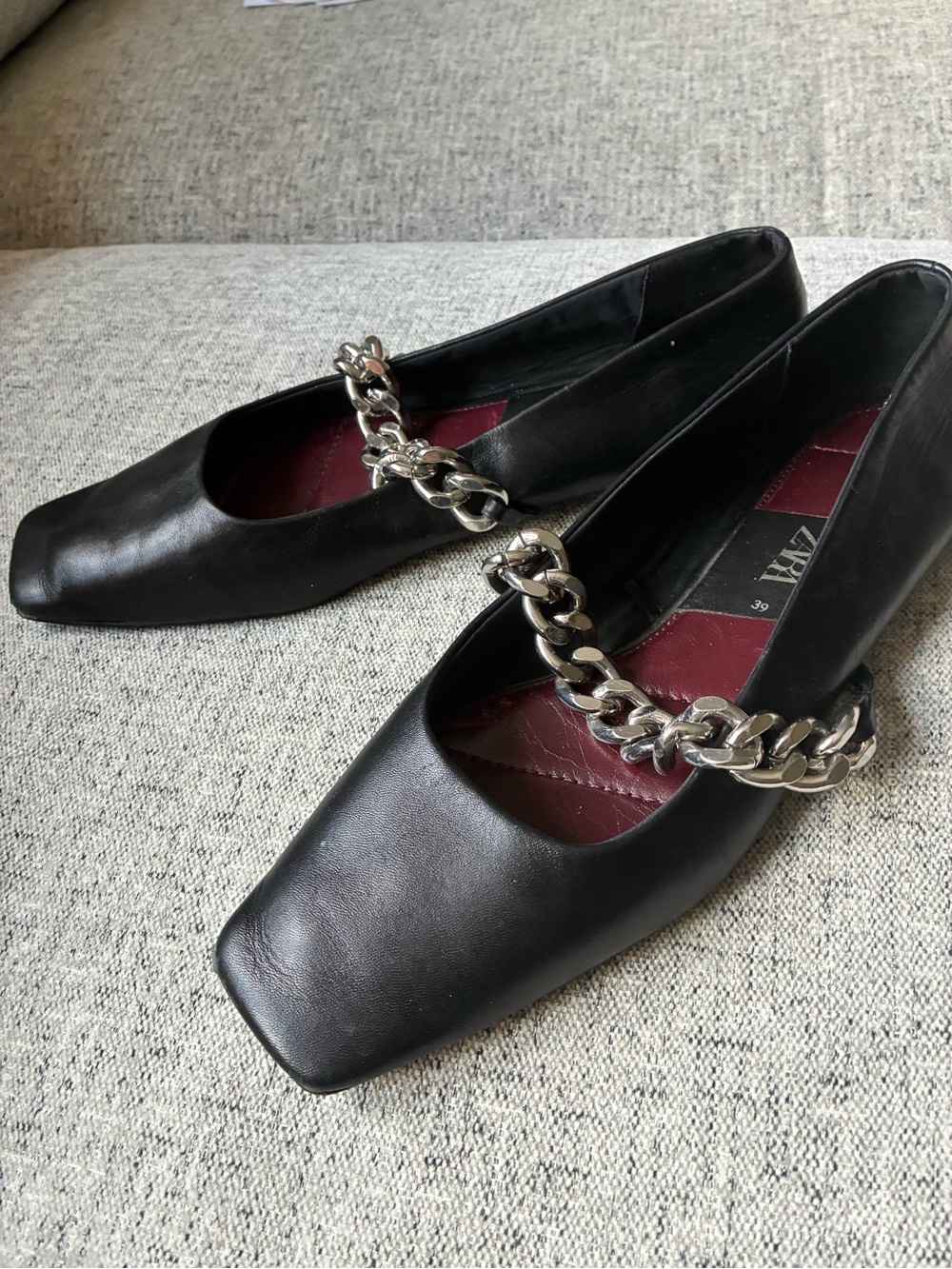 Zara Black Leather Square-Toe Flats with Silver Chain
